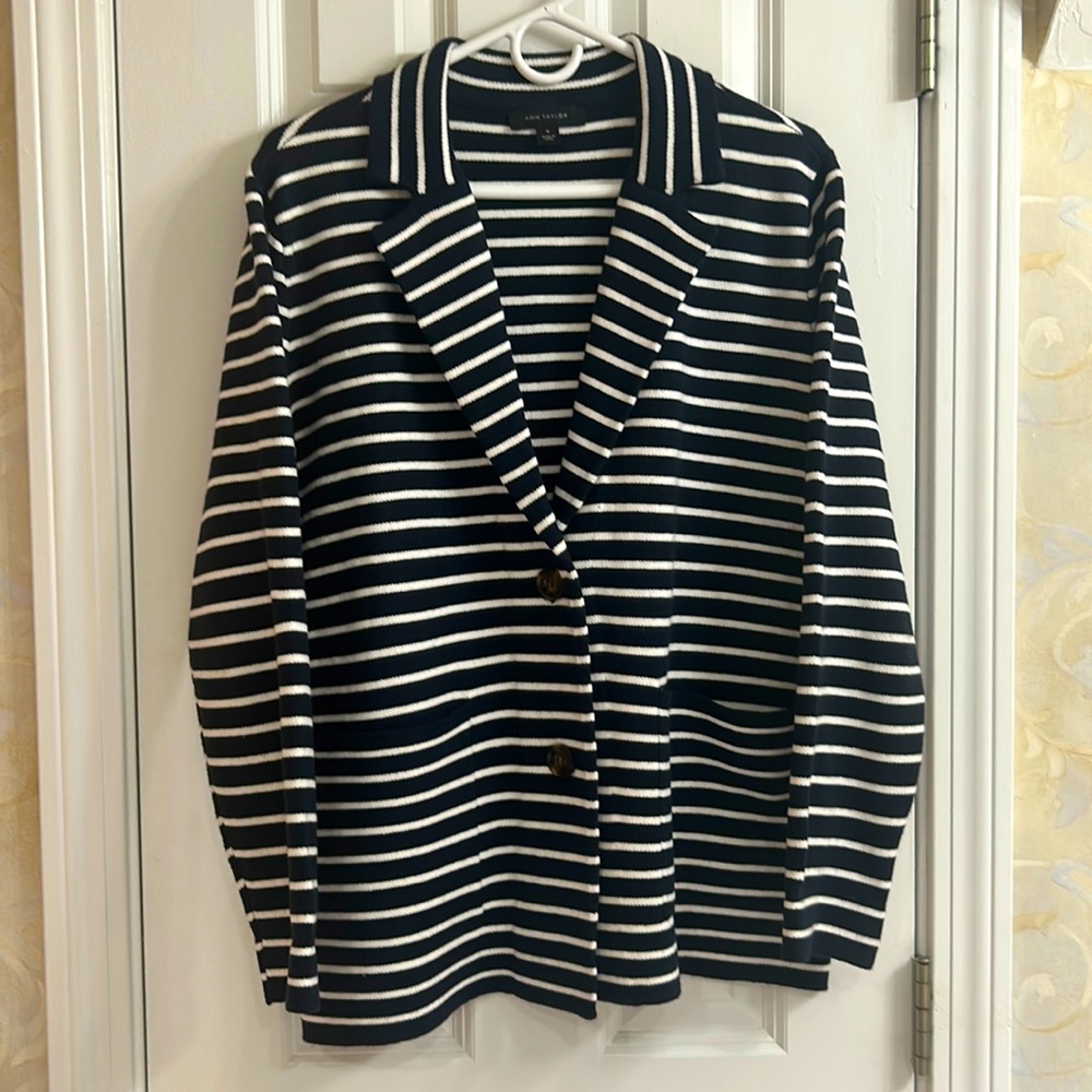 Ann Taylor Bold Navy and White Striped Sweater Blazer